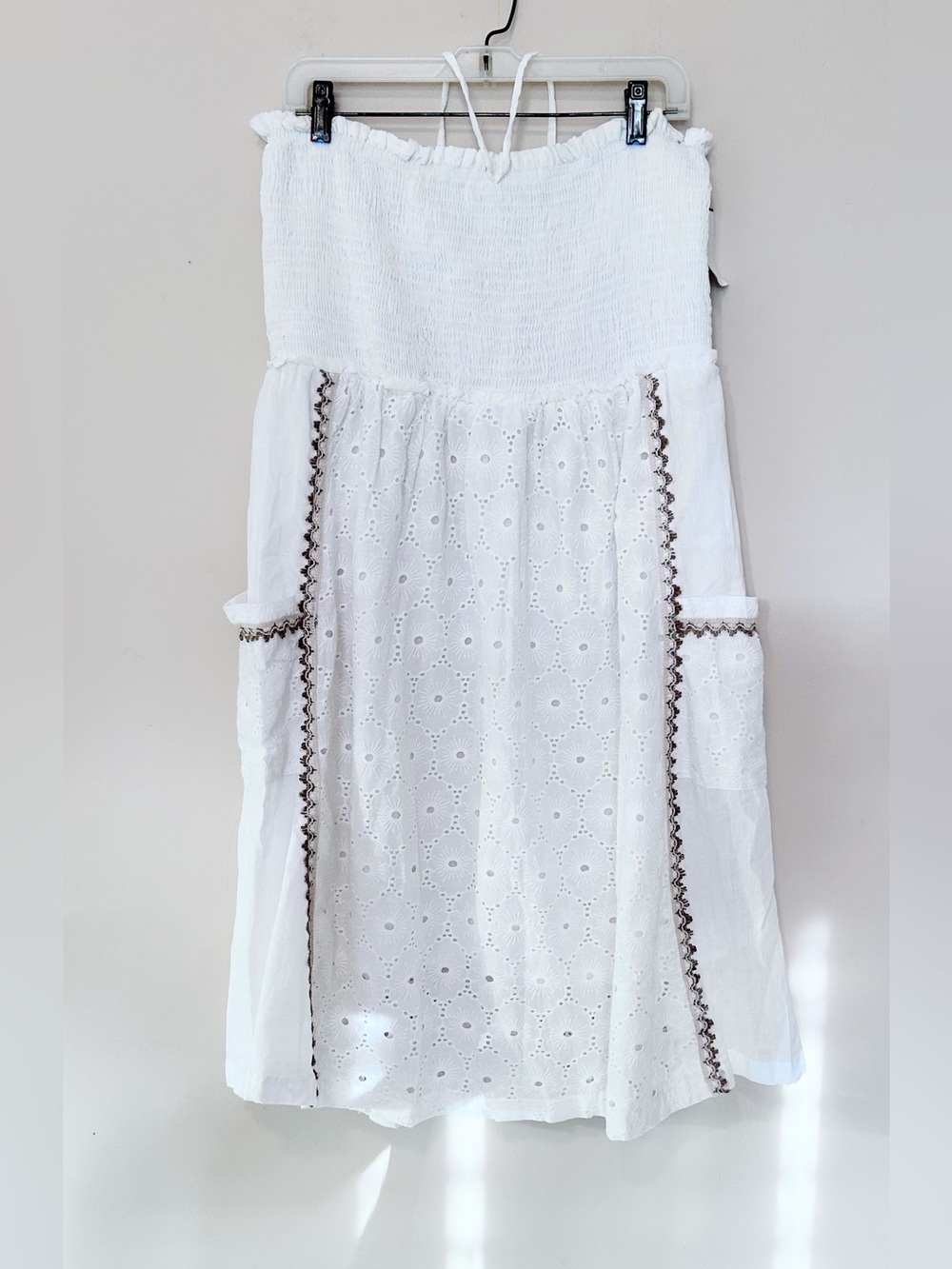 White Eyelet  Dress with Tan/Brown Trim